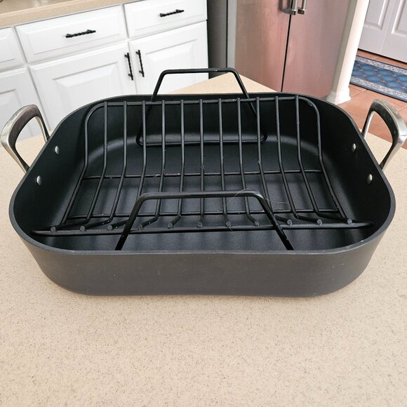 RARE ALL CLAD LTD ANODIZED 16x13 TURKEY NON STICK ROASTER ROASTING & RACK PAN - Picture 3 of 13